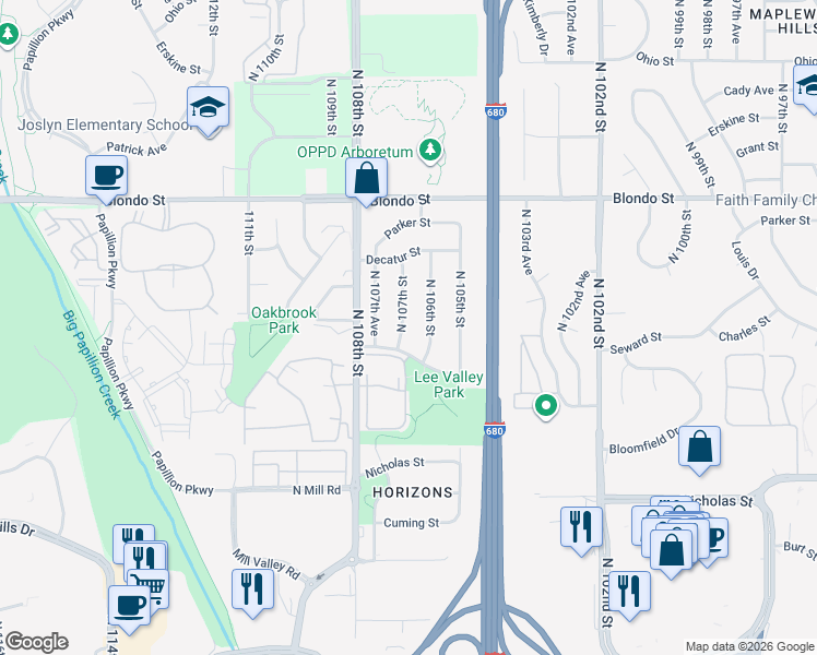 map of restaurants, bars, coffee shops, grocery stores, and more near 1607 North 107th Street in Omaha