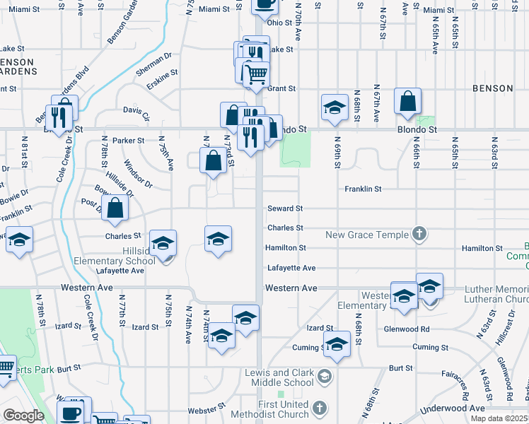 map of restaurants, bars, coffee shops, grocery stores, and more near 1531 North 72nd Street in Omaha