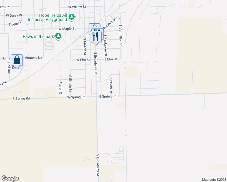 map of restaurants, bars, coffee shops, grocery stores, and more near 1170 Coalfield Drive in Coal City