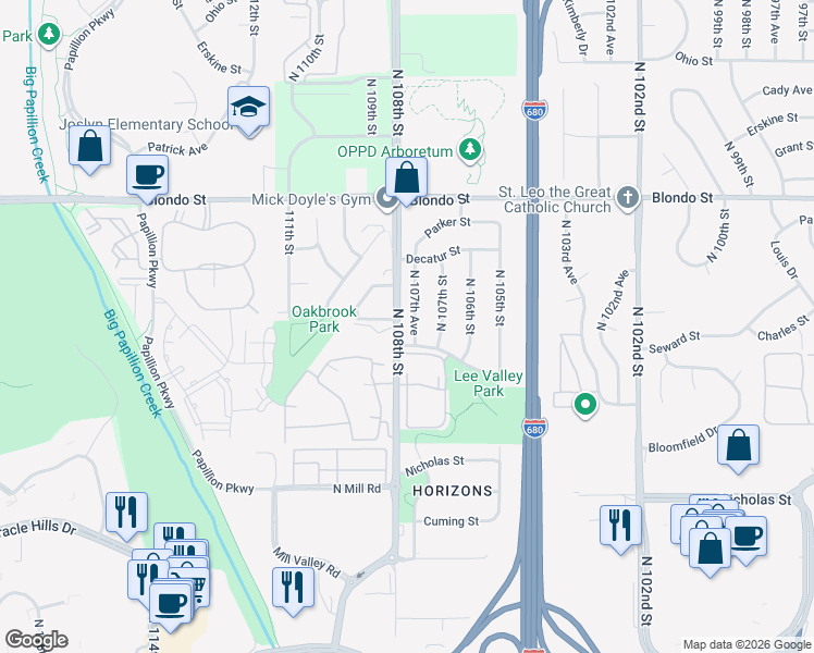 map of restaurants, bars, coffee shops, grocery stores, and more near 1518 N 107th Ave in Omaha