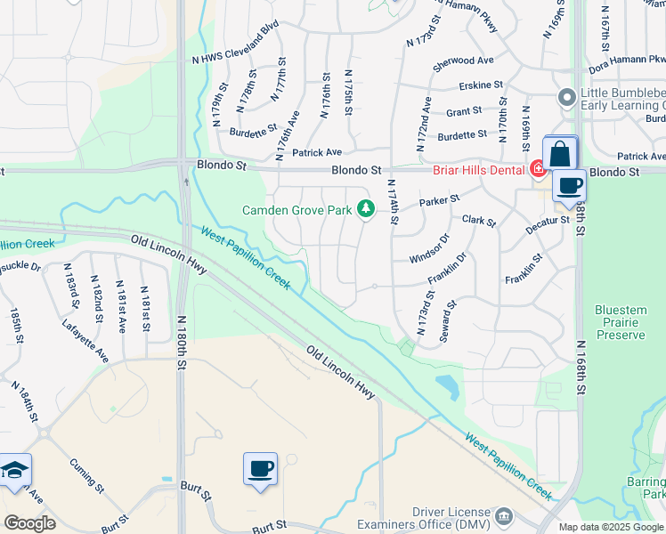 map of restaurants, bars, coffee shops, grocery stores, and more near 1724 North 175th Court in Omaha