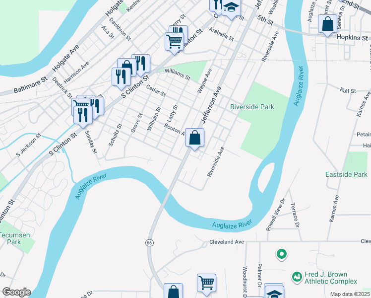 map of restaurants, bars, coffee shops, grocery stores, and more near 1120 Ohio 66 in Defiance