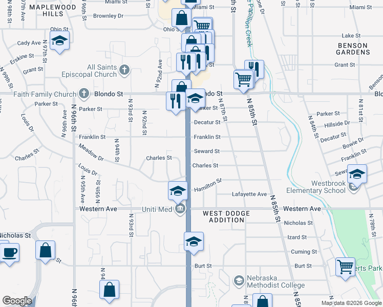 map of restaurants, bars, coffee shops, grocery stores, and more near 1519 North 90th Street in Omaha