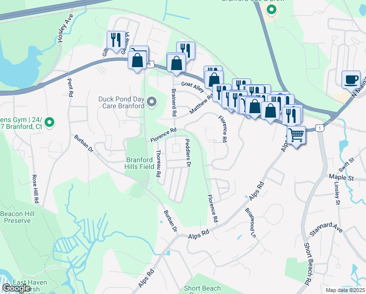 map of restaurants, bars, coffee shops, grocery stores, and more near 377 Walden Green Road in Branford