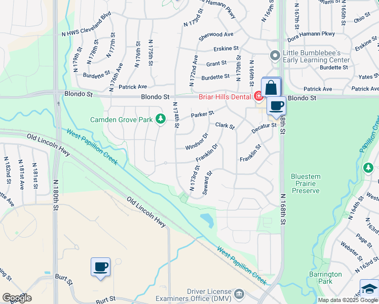 map of restaurants, bars, coffee shops, grocery stores, and more near 17311 Windsor Drive in Omaha