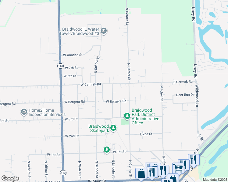 map of restaurants, bars, coffee shops, grocery stores, and more near 571 North Lincoln Street in Braidwood