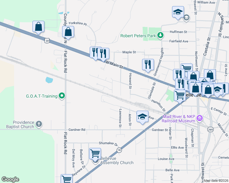 map of restaurants, bars, coffee shops, grocery stores, and more near 225 Highland Ave in Bellevue