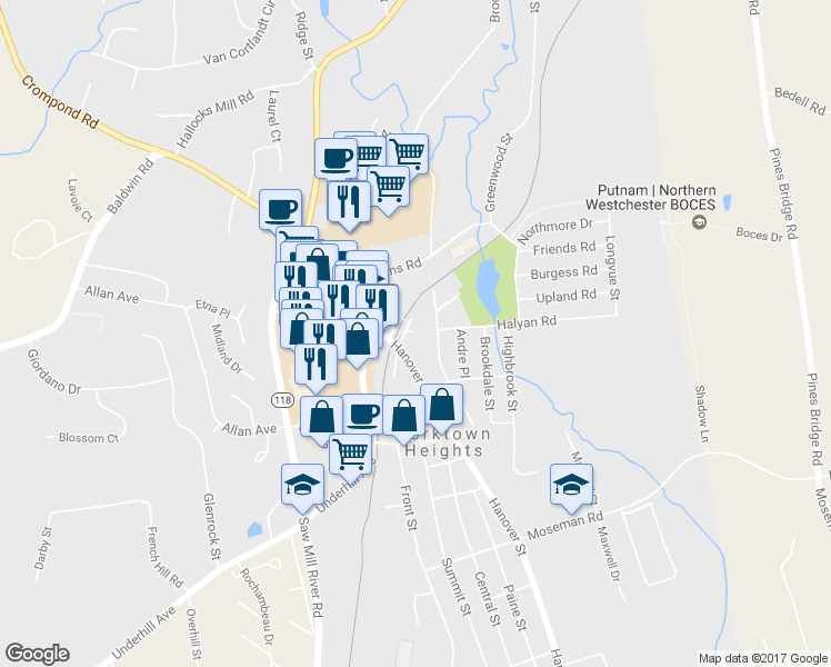 map of restaurants, bars, coffee shops, grocery stores, and more near 1906 Maple Court in Yorktown Heights