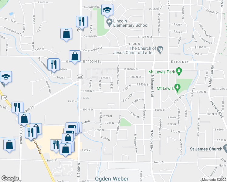 map of restaurants, bars, coffee shops, grocery stores, and more near 560 East 900 North in Ogden
