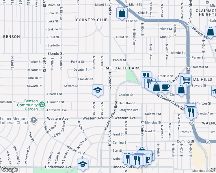 map of restaurants, bars, coffee shops, grocery stores, and more near 1530 North 52nd Street in Omaha