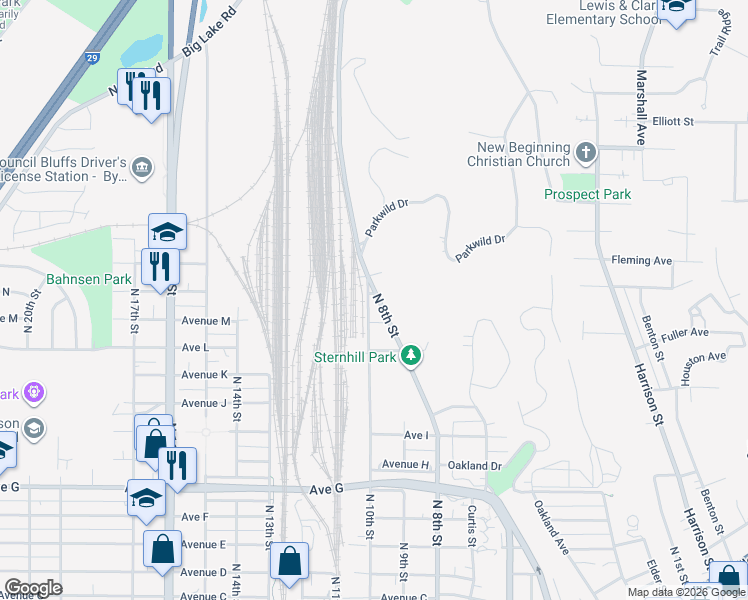 map of restaurants, bars, coffee shops, grocery stores, and more near 1424 North 8th Street in Council Bluffs