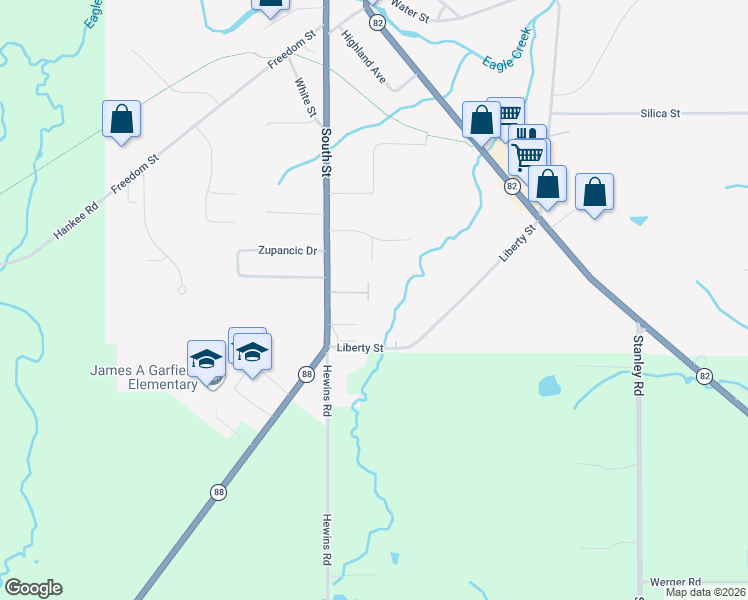map of restaurants, bars, coffee shops, grocery stores, and more near 8102 Southwood Drive in Garrettsville
