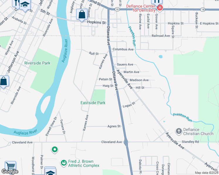 map of restaurants, bars, coffee shops, grocery stores, and more near 535 Haig Street in Defiance