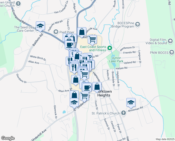 map of restaurants, bars, coffee shops, grocery stores, and more near 1909 Commerce Street in Yorktown Heights