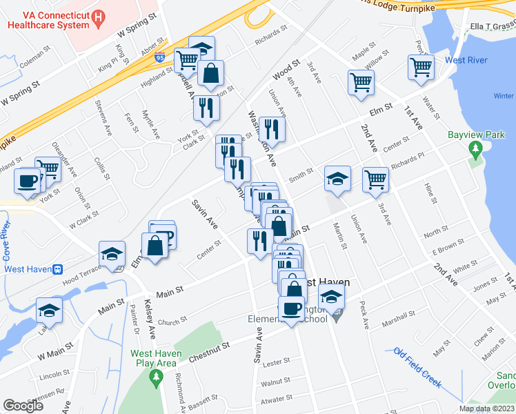 map of restaurants, bars, coffee shops, grocery stores, and more near 589 Campbell Avenue in West Haven