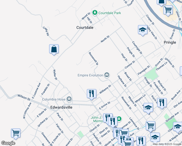 map of restaurants, bars, coffee shops, grocery stores, and more near 506 Roosevelt Street in Edwardsville