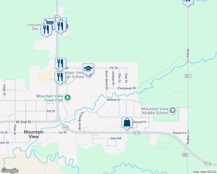 map of restaurants, bars, coffee shops, grocery stores, and more near 501-625 River Bend Drive in Fort Bridger