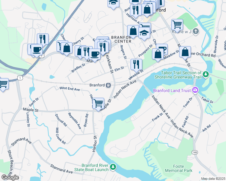 map of restaurants, bars, coffee shops, grocery stores, and more near in Branford