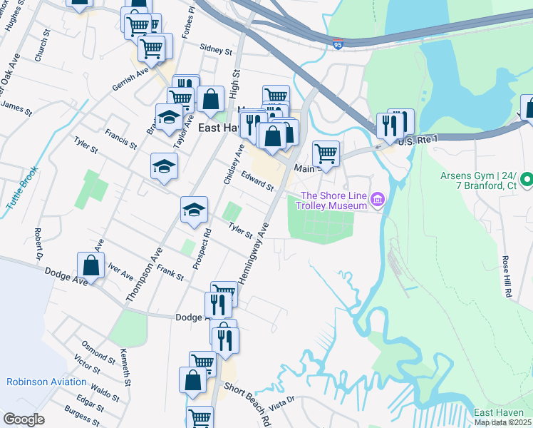 map of restaurants, bars, coffee shops, grocery stores, and more near 6 Dwight Place in East Haven