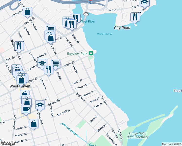 map of restaurants, bars, coffee shops, grocery stores, and more near 215 1st Avenue in West Haven