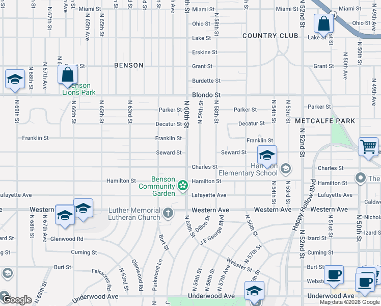map of restaurants, bars, coffee shops, grocery stores, and more near 1513 North 60th Street in Omaha