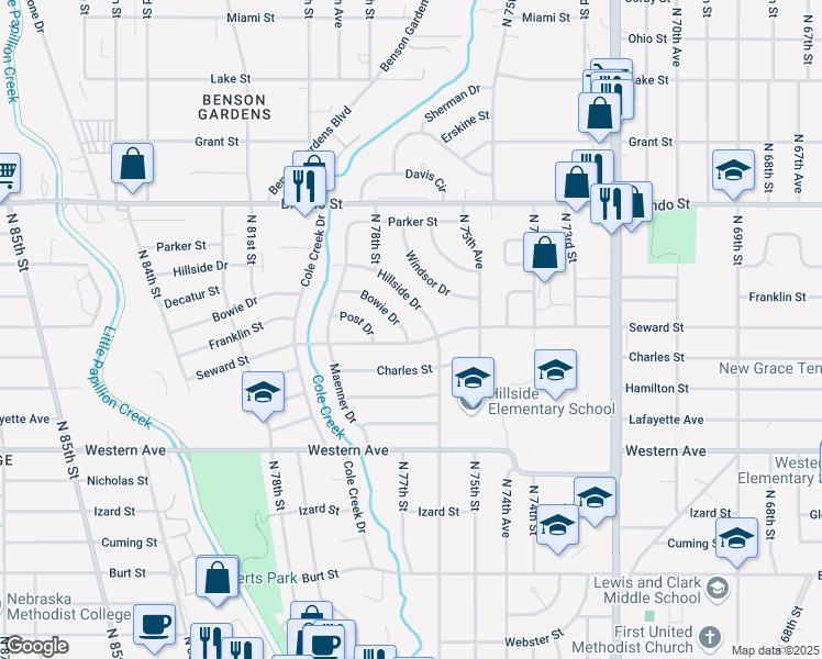 map of restaurants, bars, coffee shops, grocery stores, and more near 7614 Seward Street in Omaha