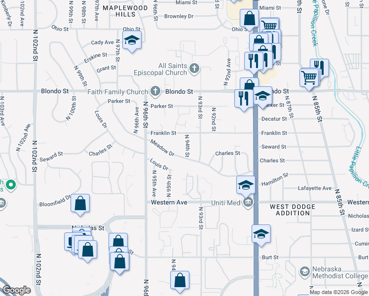 map of restaurants, bars, coffee shops, grocery stores, and more near 1521 North 94th Street in Omaha