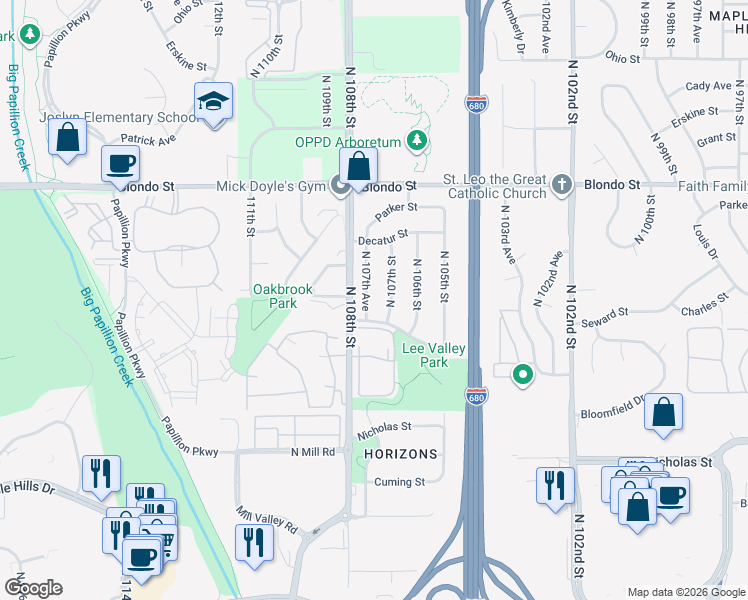 map of restaurants, bars, coffee shops, grocery stores, and more near 1518 North 107th Avenue in Omaha