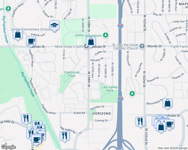 map of restaurants, bars, coffee shops, grocery stores, and more near 1518 North 107th Avenue in Omaha