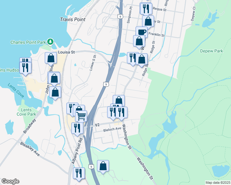 map of restaurants, bars, coffee shops, grocery stores, and more near McKinley Street in Peekskill