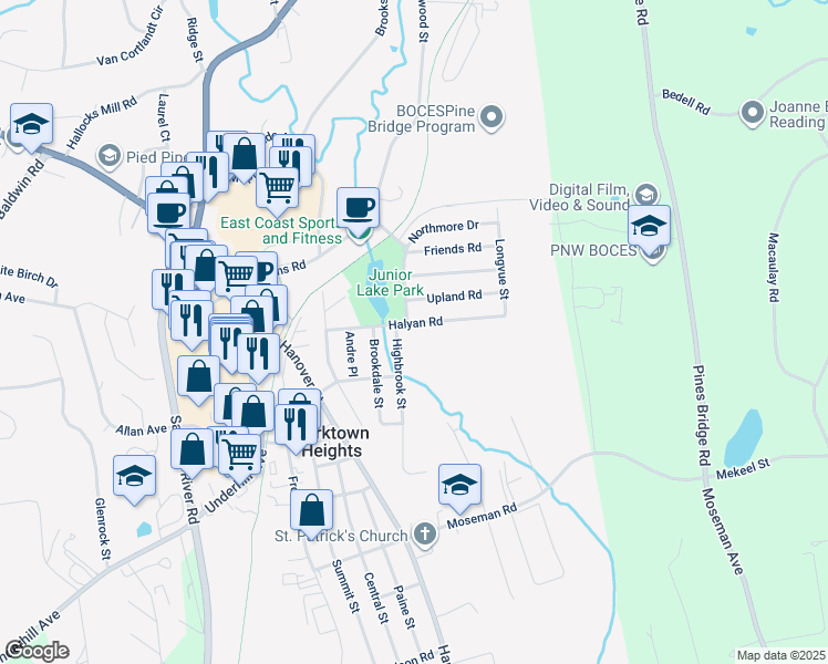 map of restaurants, bars, coffee shops, grocery stores, and more near 147 Halyan Road in Yorktown Heights