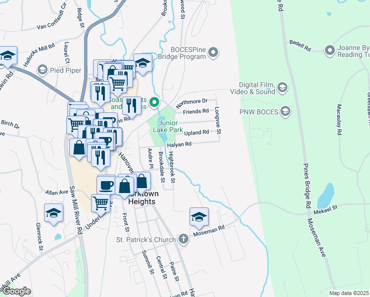 map of restaurants, bars, coffee shops, grocery stores, and more near 147 Halyan Road in Yorktown Heights