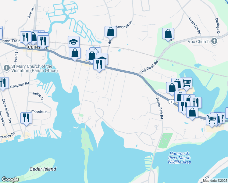 map of restaurants, bars, coffee shops, grocery stores, and more near 17 College Street in Clinton