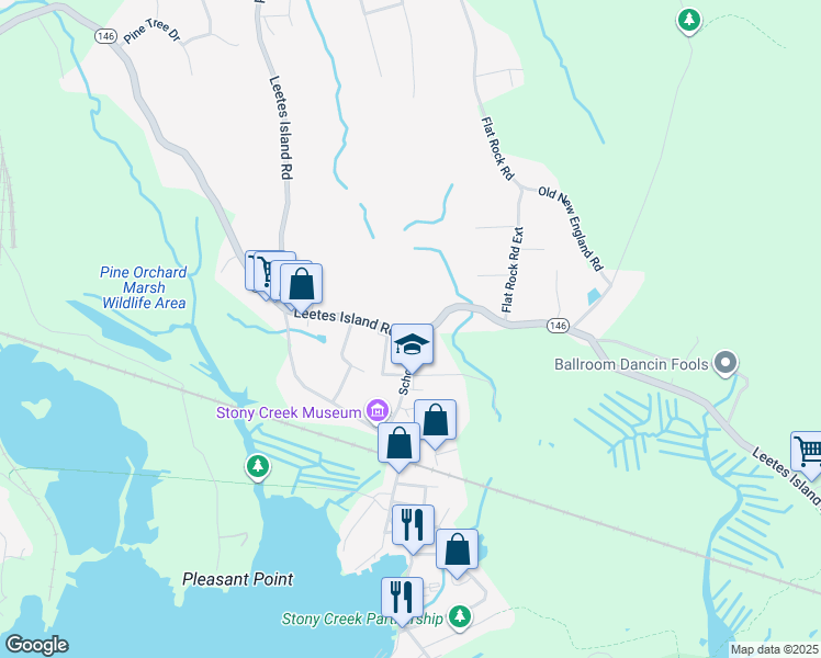 map of restaurants, bars, coffee shops, grocery stores, and more near 488 Leetes Island Road in Branford