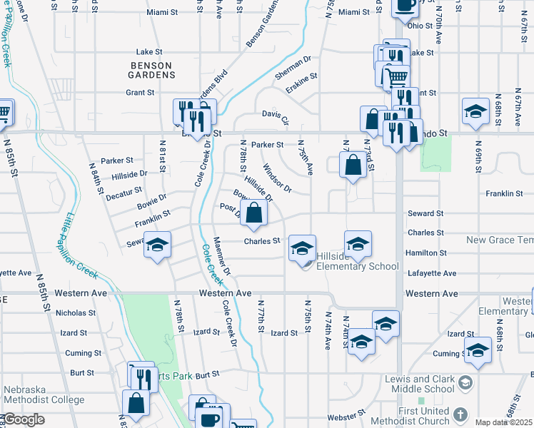 map of restaurants, bars, coffee shops, grocery stores, and more near 7614 Seward Street in Omaha