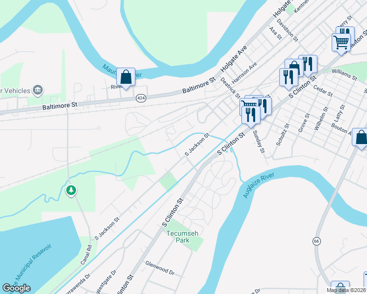 map of restaurants, bars, coffee shops, grocery stores, and more near 1394 South Jackson Street in Defiance
