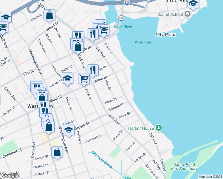 map of restaurants, bars, coffee shops, grocery stores, and more near 35 Hine Street in West Haven