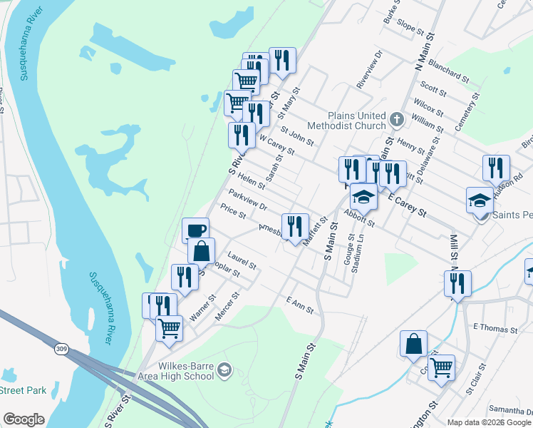 map of restaurants, bars, coffee shops, grocery stores, and more near 24 Parkview Dr in Plains