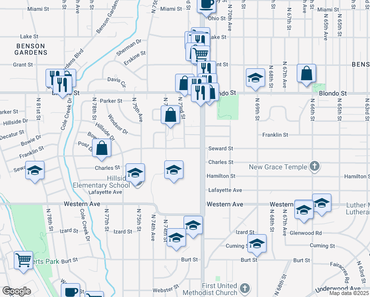 map of restaurants, bars, coffee shops, grocery stores, and more near 1607 North 73rd Street in Omaha
