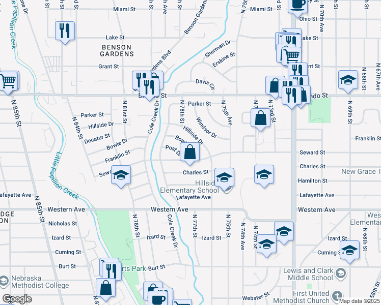 map of restaurants, bars, coffee shops, grocery stores, and more near 7726 Seward Street in Omaha