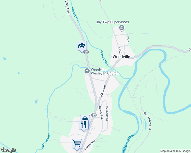 map of restaurants, bars, coffee shops, grocery stores, and more near 45 Peach Street in Weedville