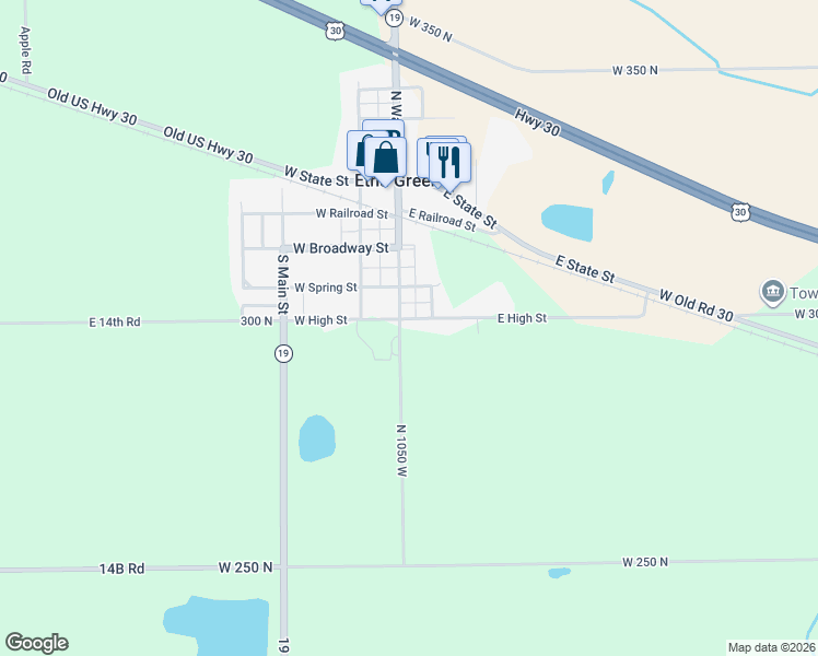 map of restaurants, bars, coffee shops, grocery stores, and more near 1050 West North Street in Etna Green