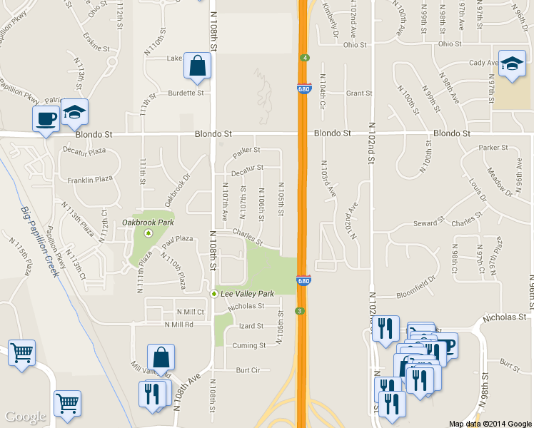 map of restaurants, bars, coffee shops, grocery stores, and more near 1611 North 106th Street in Omaha