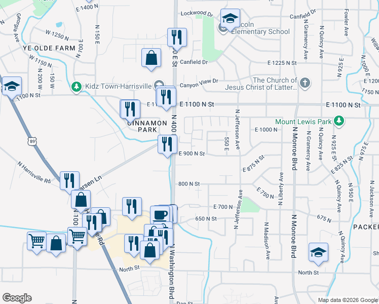 map of restaurants, bars, coffee shops, grocery stores, and more near 461 East 900 North in Ogden
