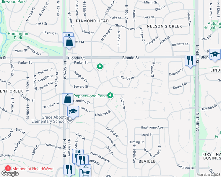 map of restaurants, bars, coffee shops, grocery stores, and more near 15319 Seward Plaza in Omaha