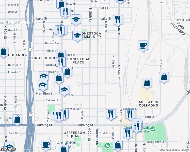 map of restaurants, bars, coffee shops, grocery stores, and more near 1528 North 19th Street in Omaha