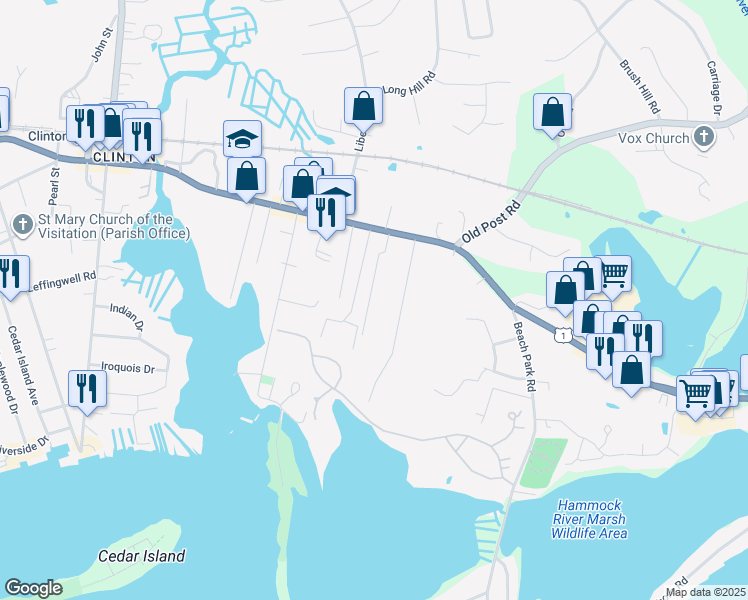 map of restaurants, bars, coffee shops, grocery stores, and more near 17 College Street in Clinton