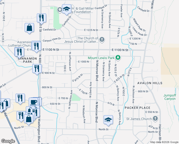 map of restaurants, bars, coffee shops, grocery stores, and more near 742 East 900 North Street in Ogden