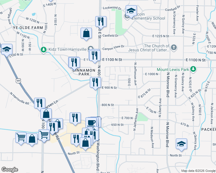 map of restaurants, bars, coffee shops, grocery stores, and more near 461 East 900 North in Ogden