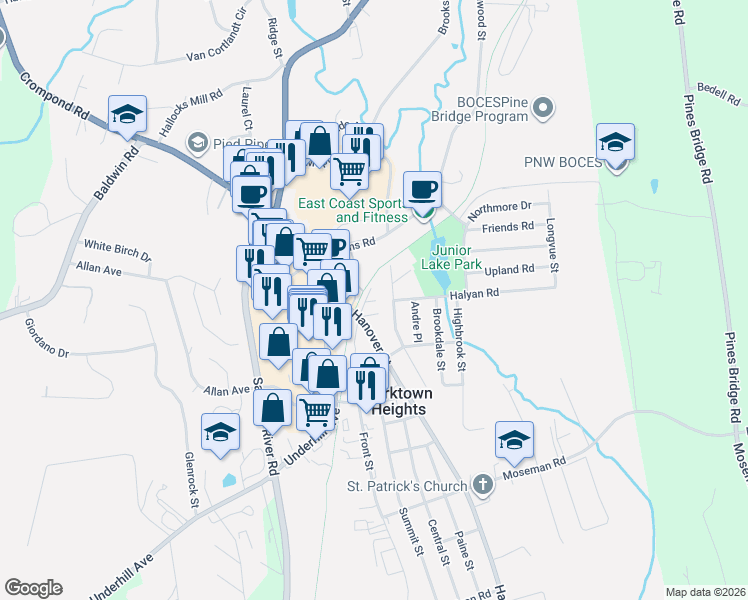 map of restaurants, bars, coffee shops, grocery stores, and more near 1906 Maple Court in Yorktown Heights